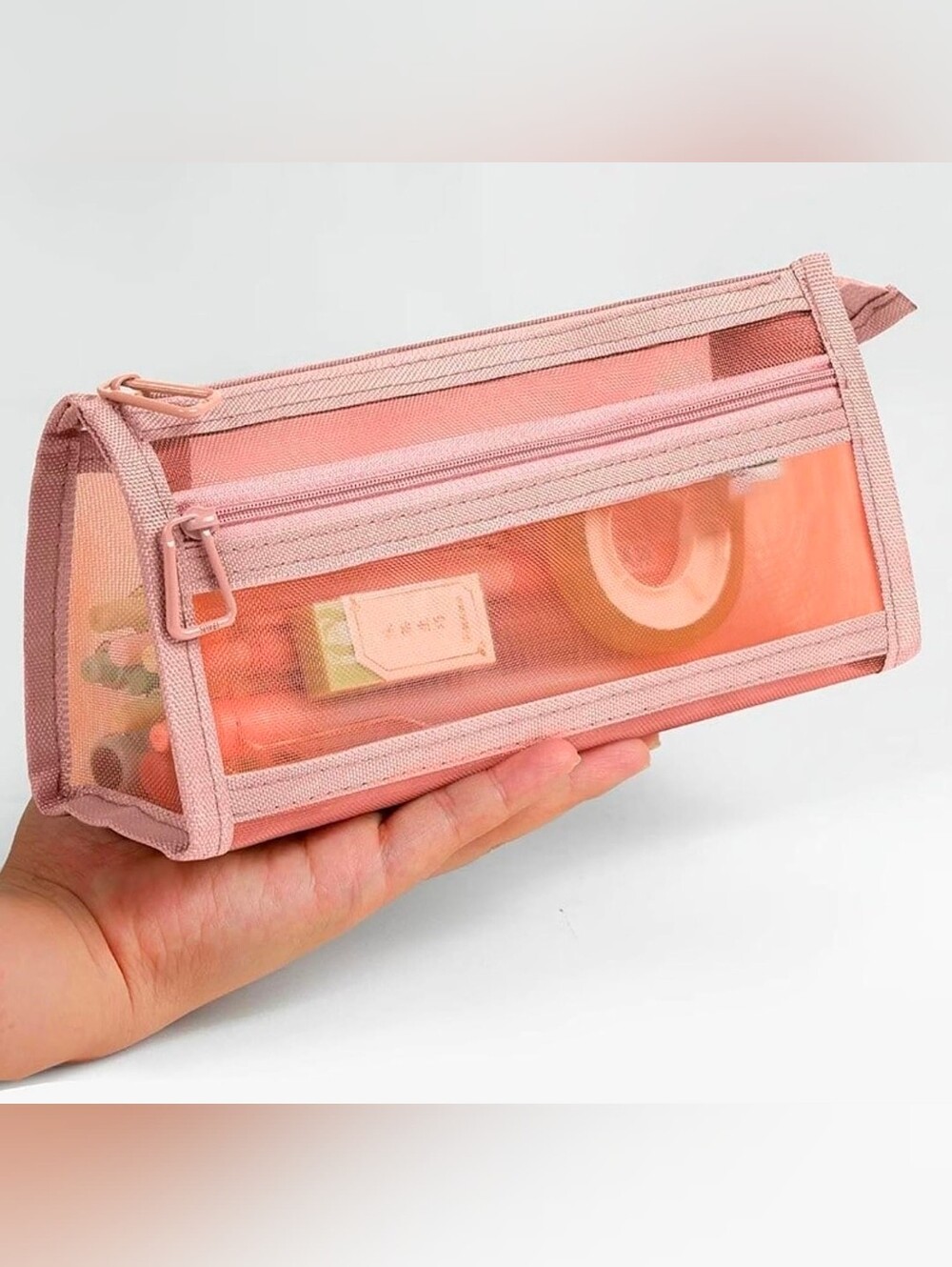 Double Layer Mesh Pencil Case with Zipper & Handle, Large Capacity Pink